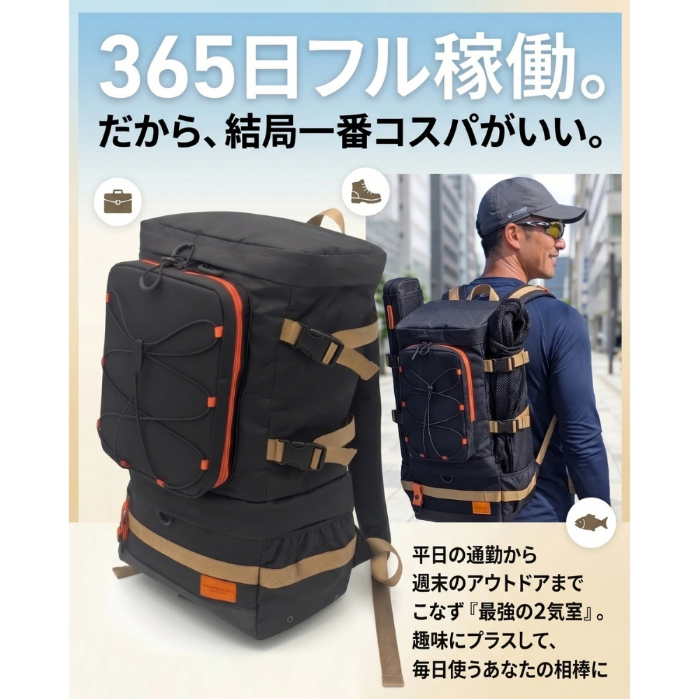 グランウォーカー 釣り バック  リュック メンズ おしゃれ 大人 ブランド カジュアル アウトドア 登山 釣り 大容量 30L 多機能 バイク グランウォーカー フィッシングリュック ツーリング自立式 かばん 鞄 キャンプ アウトドア