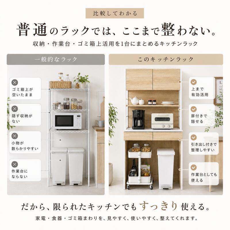 キッチンラック ゴミ箱上ラック 幅87cm 高さ186cm レンジ台 食器棚 キッチン収納 家電収納 ダストボックス上収納 可動棚 オープンラック スチール 木目調 省スペース 電子レンジ 炊飯器 キッチンボード 大容量 おしゃれ アイアン ヴィンテージ