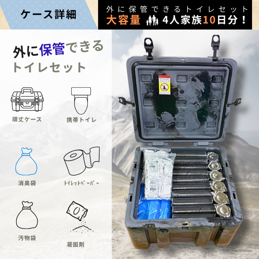 【屋外保管が可能です！】DAM8 + iZA 簡易トイレセット 凝固剤 防臭袋 汚物袋 トイレットペーパー セット 屋外保存可能 4人家族 10日分 200回分