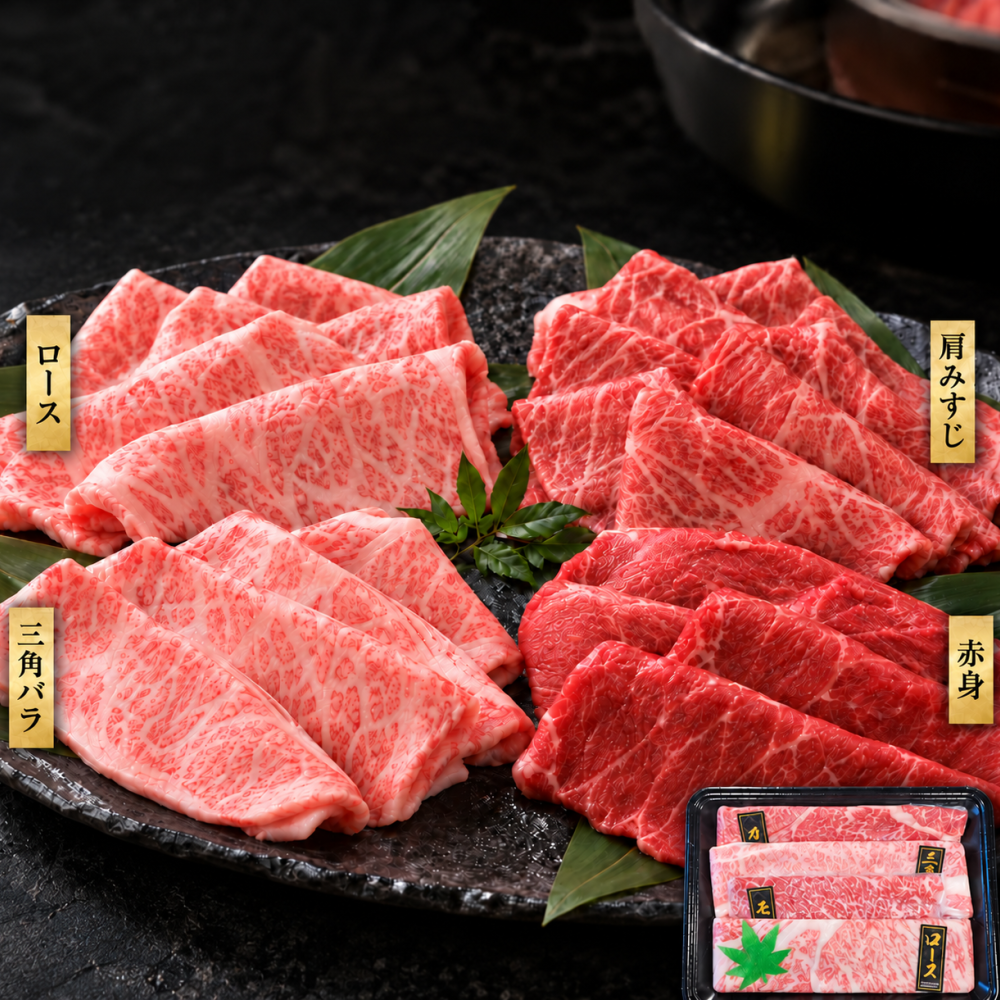 国産 黒毛和牛 A4 A5 薄切り4種食べ比べ 400g ロース 肩みすじ 三角バラ 赤身 すき焼き しゃぶしゃぶ 肉ギフト