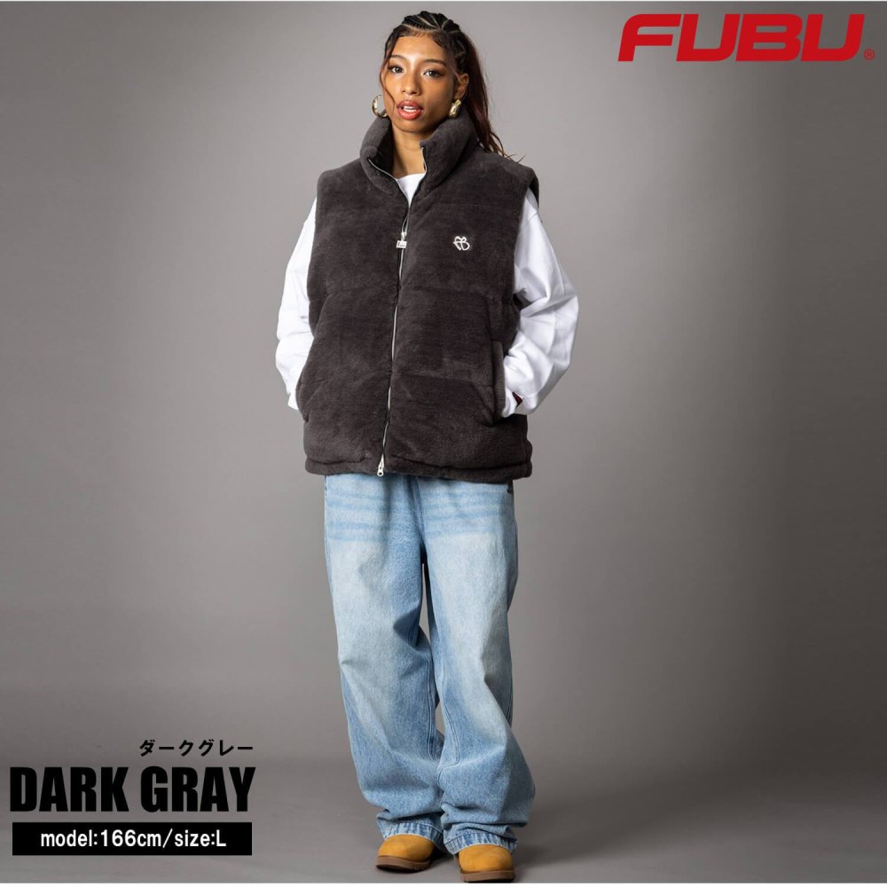 FUBU フブ 中綿ベスト メンズ フェイクファー パファー ダブルジップ エコダウン アウター ストリート あったか 防寒 保温 ヒップホップ ダンス オーバーサイズ ビッグシルエット 秋冬 M L XL XXL 大きいサイズ レディース fam-62306 2026FW karlas