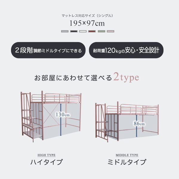 大人かわいいインテリア 階段付き ロフト ピンク 女の子 韓国インテリア 階段 ハイタイプ コンセント付き 宮付き 二段 2段 パイプ ミドルタイプ ロータイプ シングル