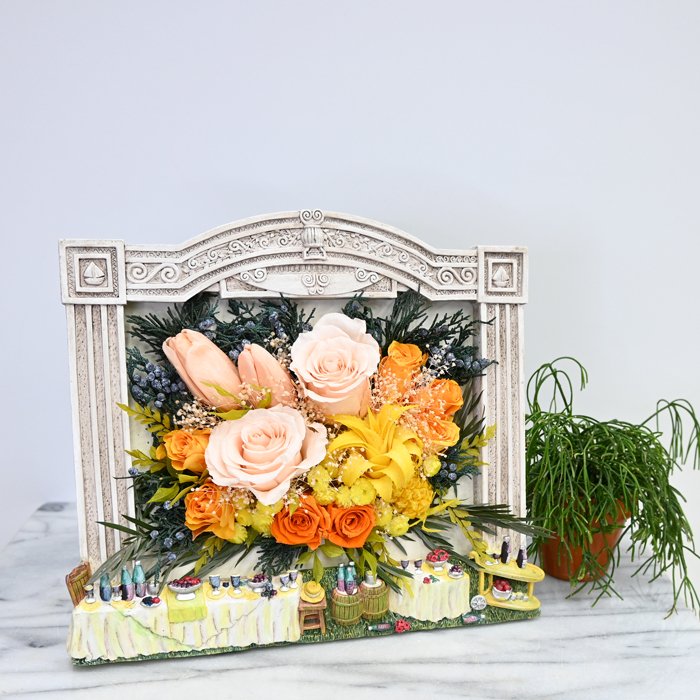 【最後の1点】a la table【ア・ラ・ターブル】自然素材プリザ　お花にこだわった作品　食卓オーナメント付きレジンフレーム　アートアレンジ プリザ　 癒やし　新居　転居　ギフト　お祝い　オフィス　画廊
