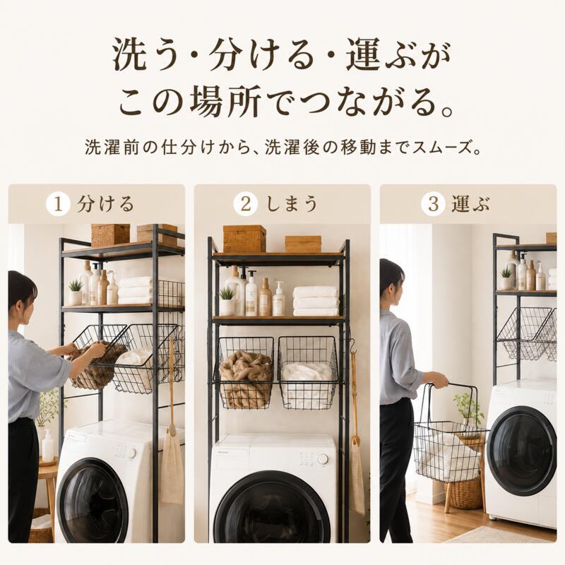 ランドリーラック バスケット2個付き 伸縮 幅66.5～90cm 洗濯機ラック 洗濯機上収納 木製棚2段 可動棚 ランドリーバスケット 洗濯かご 収納棚 ランドリー収納 洗面所 脱衣所 省スペース おしゃれ 北欧 ホワイト ブラック