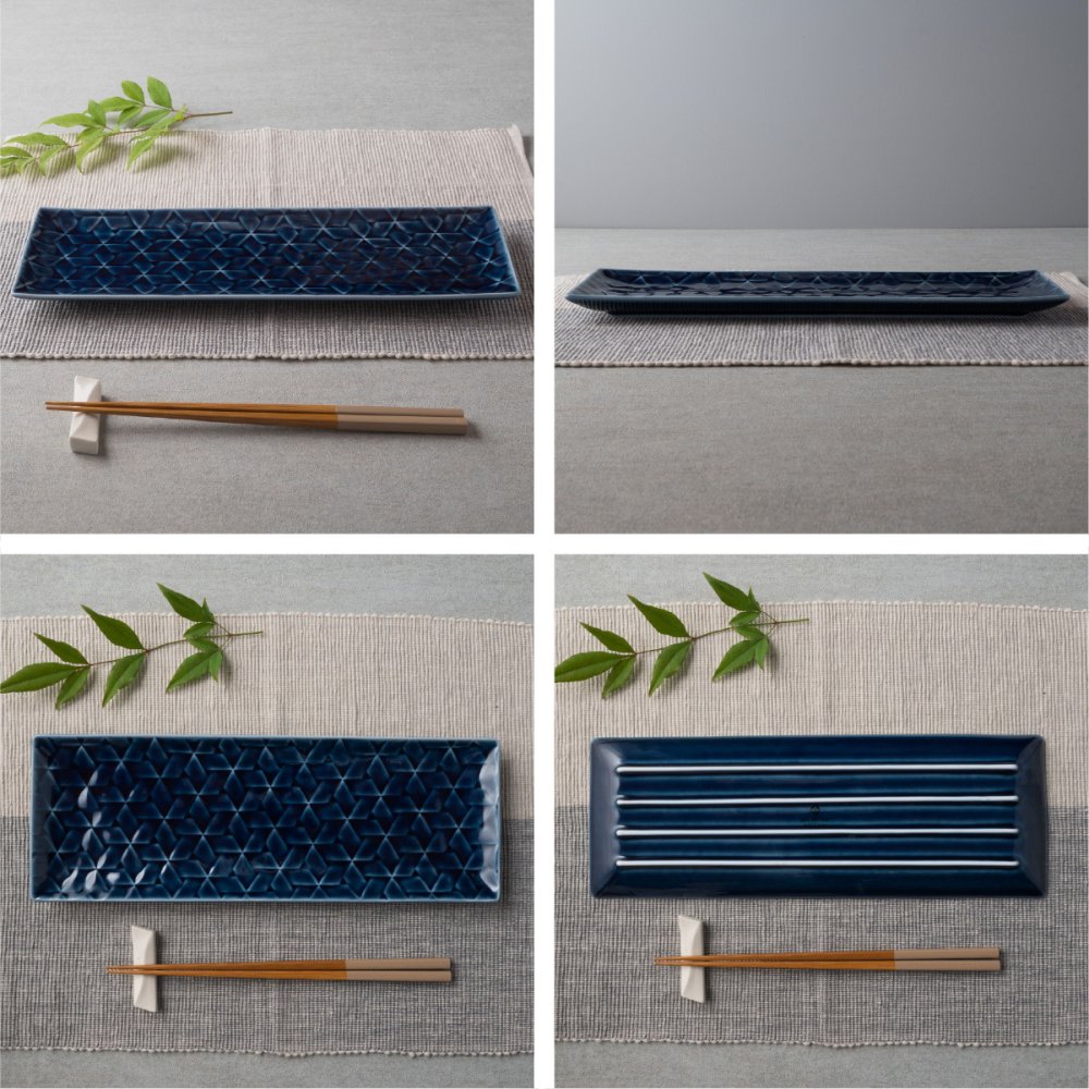 旅籠 長角皿 藍 31×11cm 380g ネイビー 長角 プレート 網代 刺身皿 角皿 ホームパーティー おしゃれ インスタ映え 皿 食器 陶器 日本製 美濃焼 和食器 小田陶器 食洗器対応 ギフトカード対応
