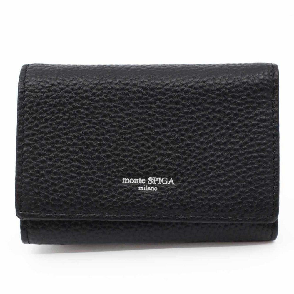 モンテスピガ　monte SPIGA　三つ折り財布　コンパクト財布　MOSMSP501BK　ブラック　黒　シュリンクレザー　牛革　トライフォード ウォレット