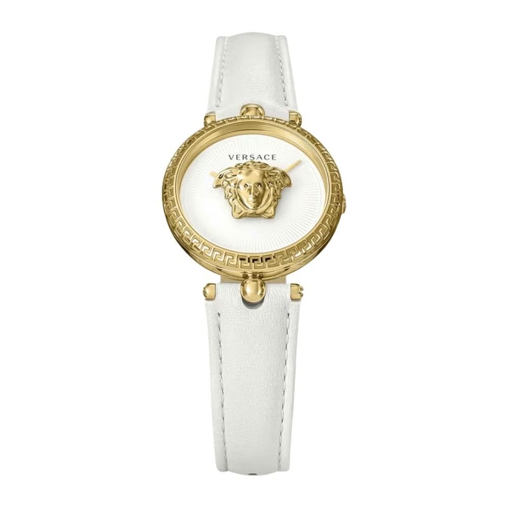 ヴェルサーチェ 腕時計 レディース ホワイト ゴールド 34mm VERSACE PALAZZO EMPIRE パラッツォ エンパイア 立体 メデューサ 白 レザー 革ベルト スイス製 高級 ブランド おしゃれ プレゼント ギフト 卒業 入学 お祝い