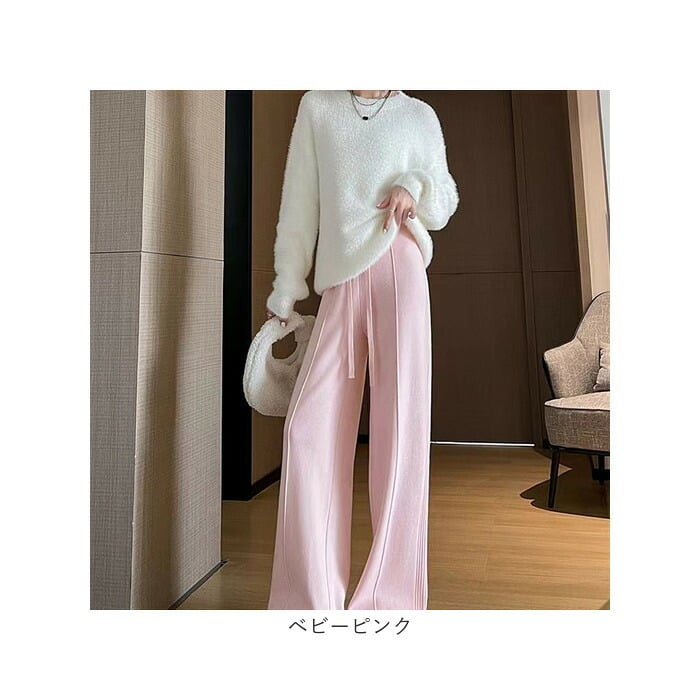ニットパンツ レディース 通販 ワイドパンツ モップパンツ モップ ズボン 夏パンツ 長ズボン ロング丈 ロング ワイド パンツ ハイウエスト ウエストゴム ゆったり ボトムス カジュアル シンプル 無地 きれいめ オフィス 大人 レディースファッション