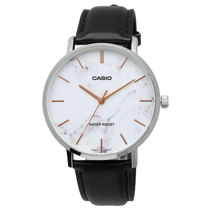 CASIO 腕時計 カシオ 時計 ウォッチ チープカシオ チプカシ クオーツ メンズ 腕時計 ホワイトマーブル×ブラックレザーバンド MTP-VT01LM-7A 海外モデル  [並行輸入品]
