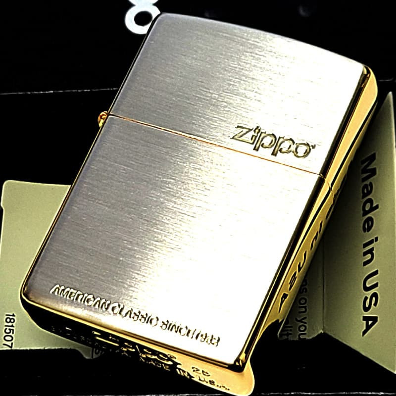 ZIPPO ライター シルバーサテン ゴールドアクセント ジッポ ロゴ 彫刻 おしゃれ シンプル 金銀 レディース メンズ かっこいい ギフト プレゼント