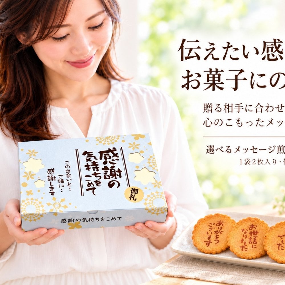 【即日発送・送料無料】選べるメッセージ煎餅 30袋入り（個包装2枚×30）感謝 ギフト お礼 挨拶 退職 送別 転勤 異動 卒業 引っ越し 職場配布 プチギフト 大量 手土産 結婚式 内祝い 母の日 父の日 敬老の日 お中元 お歳暮 ノベルティ対応可