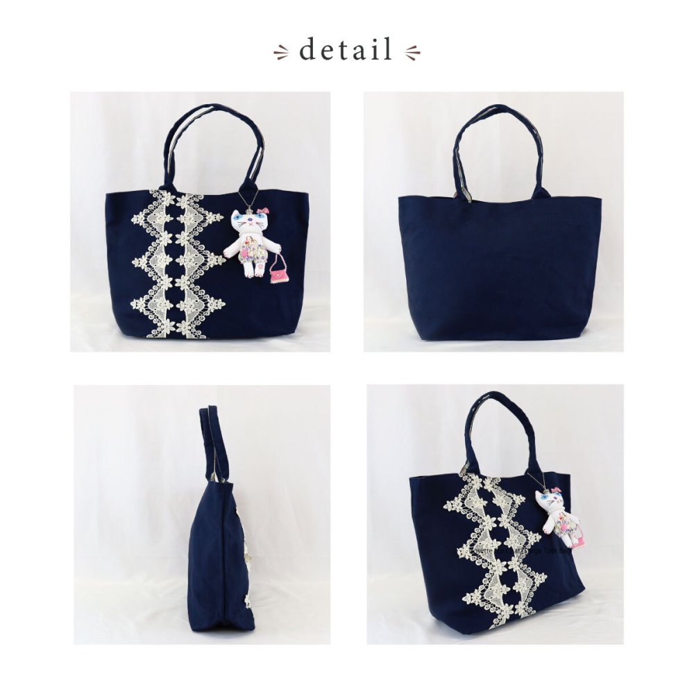 猫 バッグ トートバッグ 日本製 レディース レース 刺繍 チャーム付き かわいい 大人 可愛い 軽量 A4 黒 ネイビー 赤 サブバッグ 猫雑貨 ギフト【LALUICE】