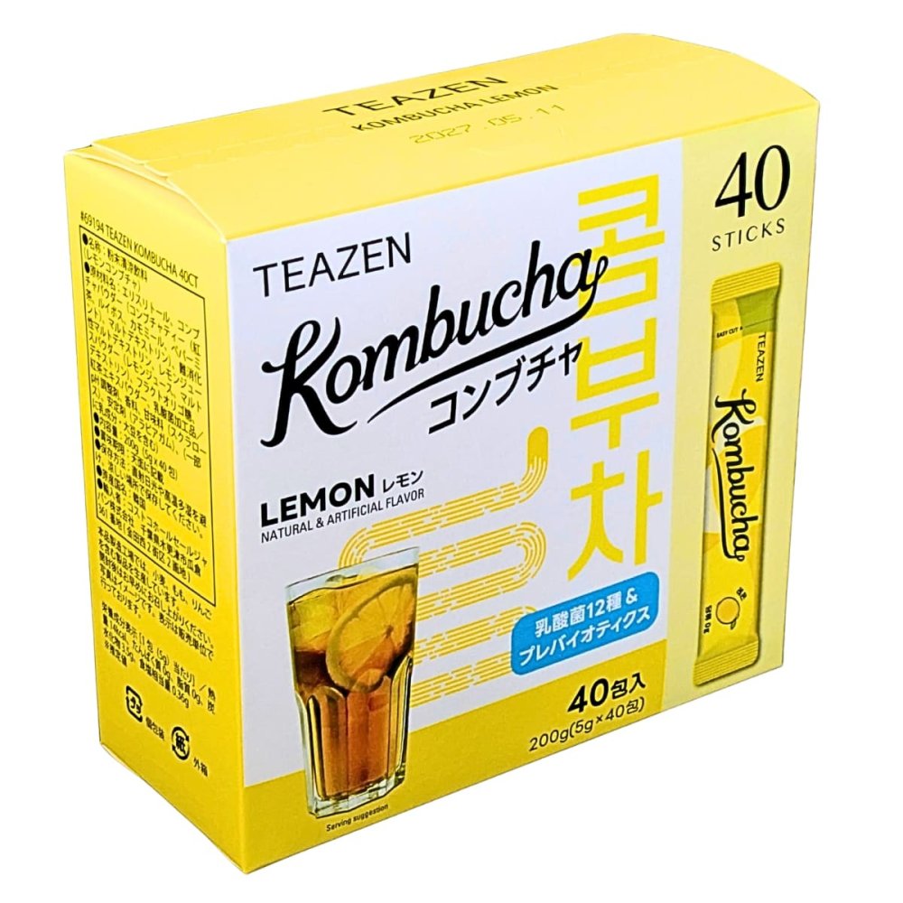 TEAZEN ( ティーゼン )　レモンコンブチャ　5g×40包入り　12種類の乳酸菌含有の粉末清涼飲料 砂糖0　低カロリー (14kcal )　#69194　プロバイオティクス　乳酸菌飲料 [賞味期限 2028.01.28]