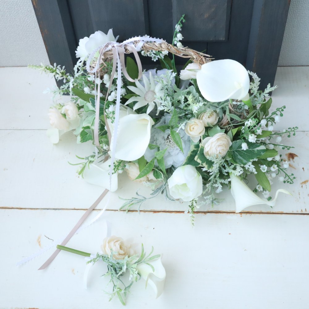 カラーのリースブーケ ウェディングブーケ 結婚式 前撮り アーティフィシャルフラワー 造花 造花 インテリア 430