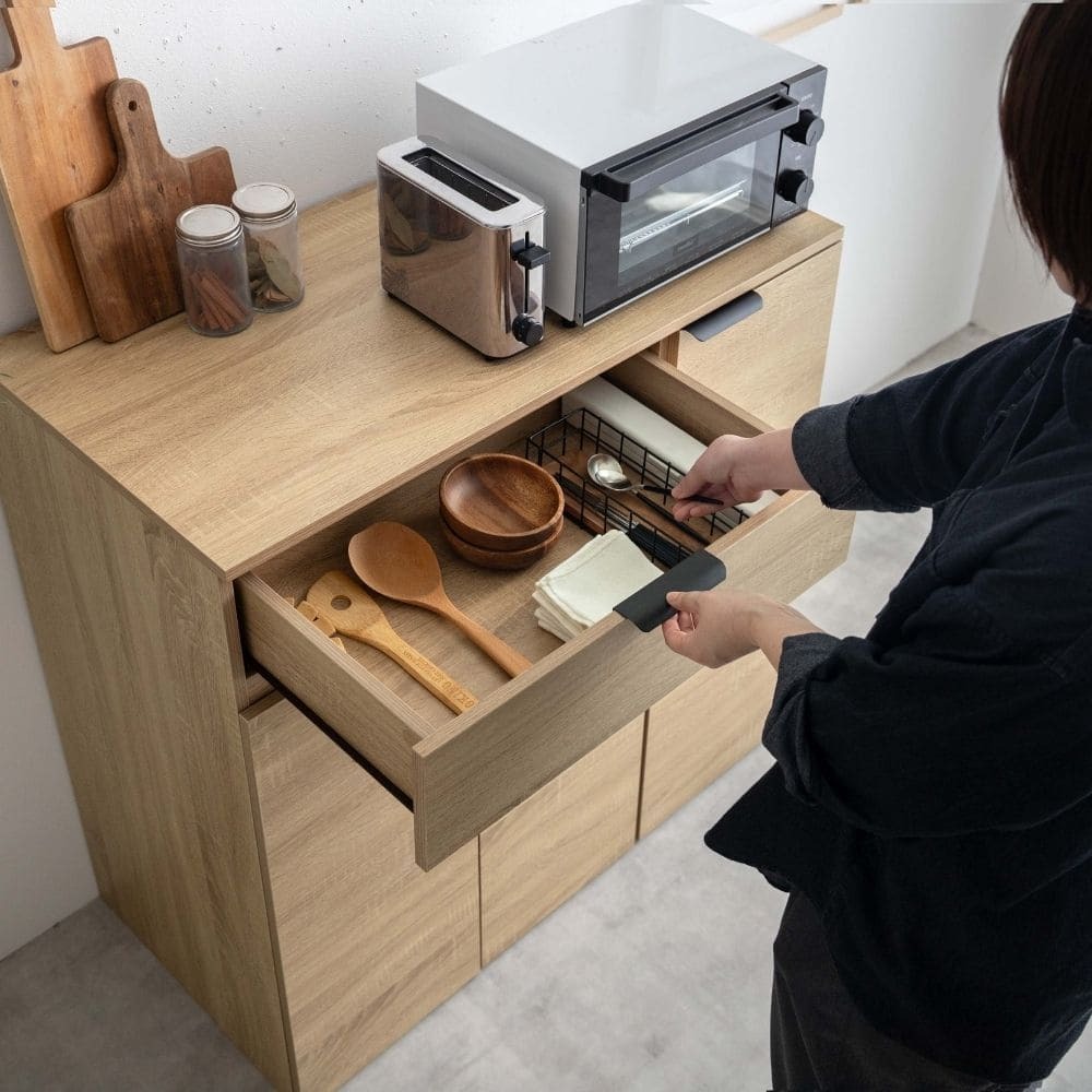 ダストボックス収納付きレンジボード ゴミ箱上ラック レンジ台 レンジボード キッチンカウンター 食器棚 キッチンボード 収納棚 幅90cm 奥行45cm 高さ90cm ダストボックス 分別 隠せる 収納 引き出し 扉付き 大容量 ロータイプ ロースタイル 作業台