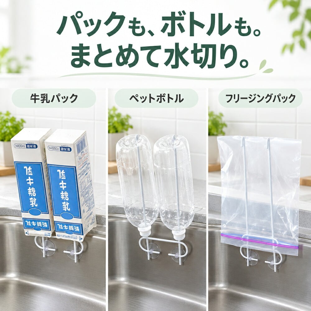 水切り用リサイクルポール / 水切りスタンド ペットボトル 牛乳パック 保存袋 乾燥 キッチン用品 シンク 吸盤式 ゴム手袋 水切り 省スペース 再利用 / シンクに吸盤で簡単設置 ペットボトルや牛乳パックを手軽に水切りできる便利な乾燥ポール
