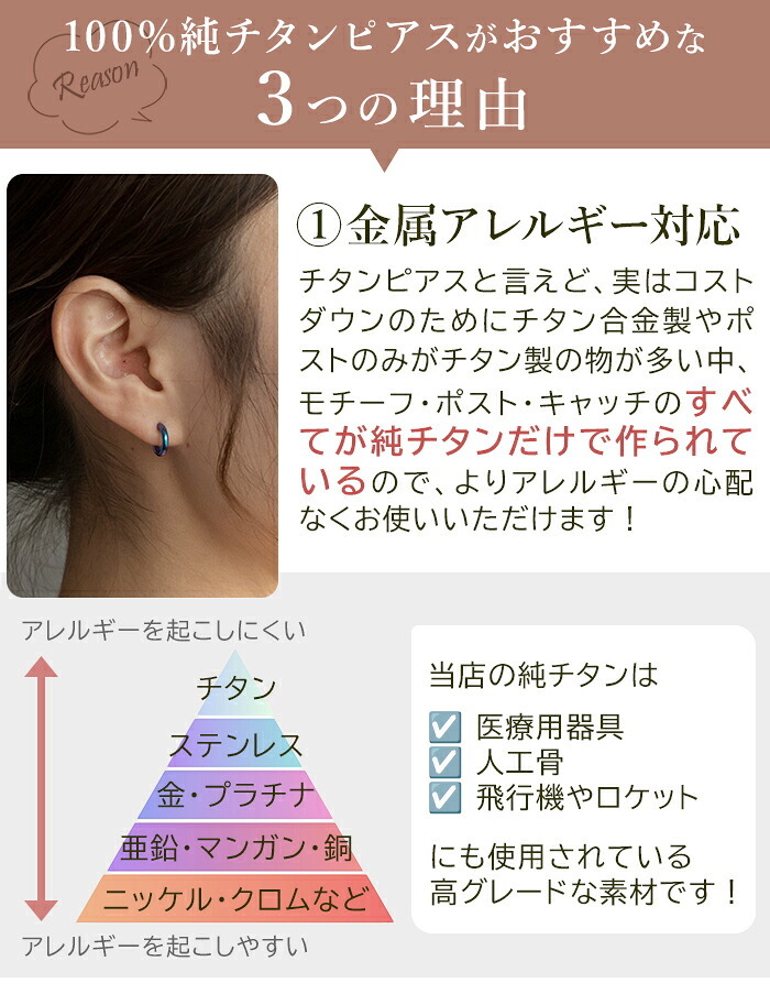ピアス チタン フープ ハーフ 小さめ 純チタン 幅2mm×直径10mm 全8色 アレルギー対応 医療用 日本製 おすすめ メンズ レディース 片耳 1個 かわいい カラフル