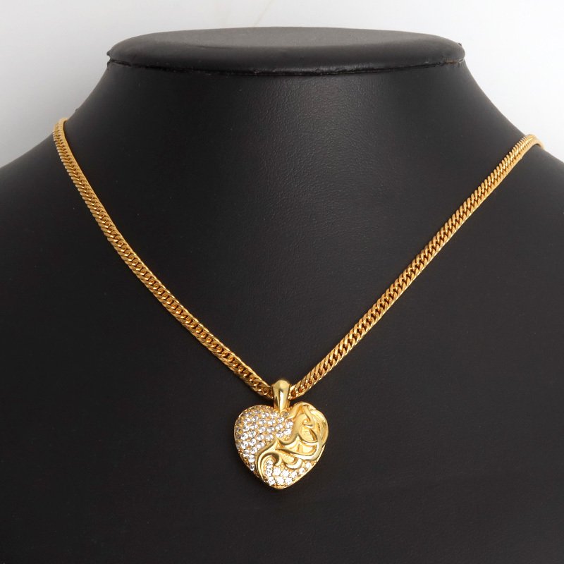 ステンレス ハートネックレス パヴェ ゴールド ダブル喜平 メンズ ペンダント ストーン ハートモチーフ 立体的 唐草模様 ゴールドカラー キラキラ 存在感 男性用 アクセサリー 首飾り ヒップホップ ストリート お兄系