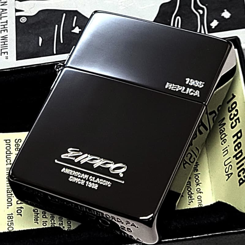 ZIPPO オールドロゴ 1935復刻 レプリカ ジッポ ライター ブラックニッケル シンプル 彫刻 角型 外ヒンジ 3バレル かっこいい 銀差し 黒 おしゃれ 高級 メンズ プレゼント ギフト