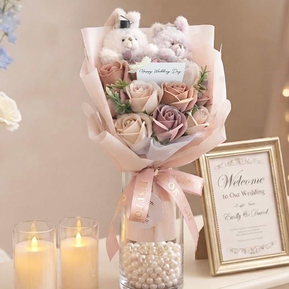 【結婚式 電報 ギフト】tino ウェディングベア ラブリー ソープフラワーブーケ|結婚式 結婚祝い 結婚記念日 ブライダル 祝電 電報 ギフト プレゼント ウェルカムスペース ドール ぬいぐるみ ブーケ