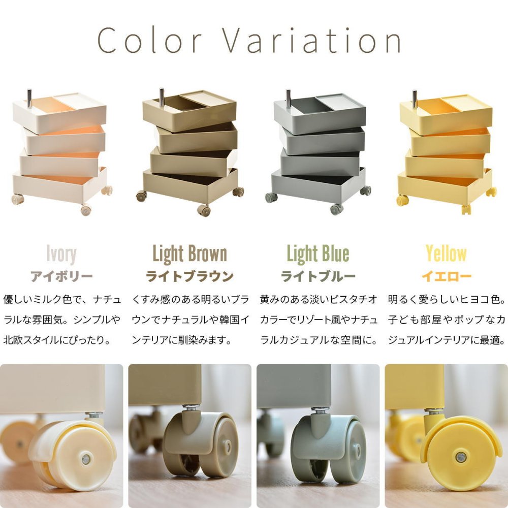 360回転ワゴン 4段 RELS0336 キャスター付きワゴン リビング収納 韓国スタイル ポップ 角型 プラスチック キッチンワゴン トロリー ワゴンラック幅49.5cm 奥行39.5cm 高さ60cm 新生活