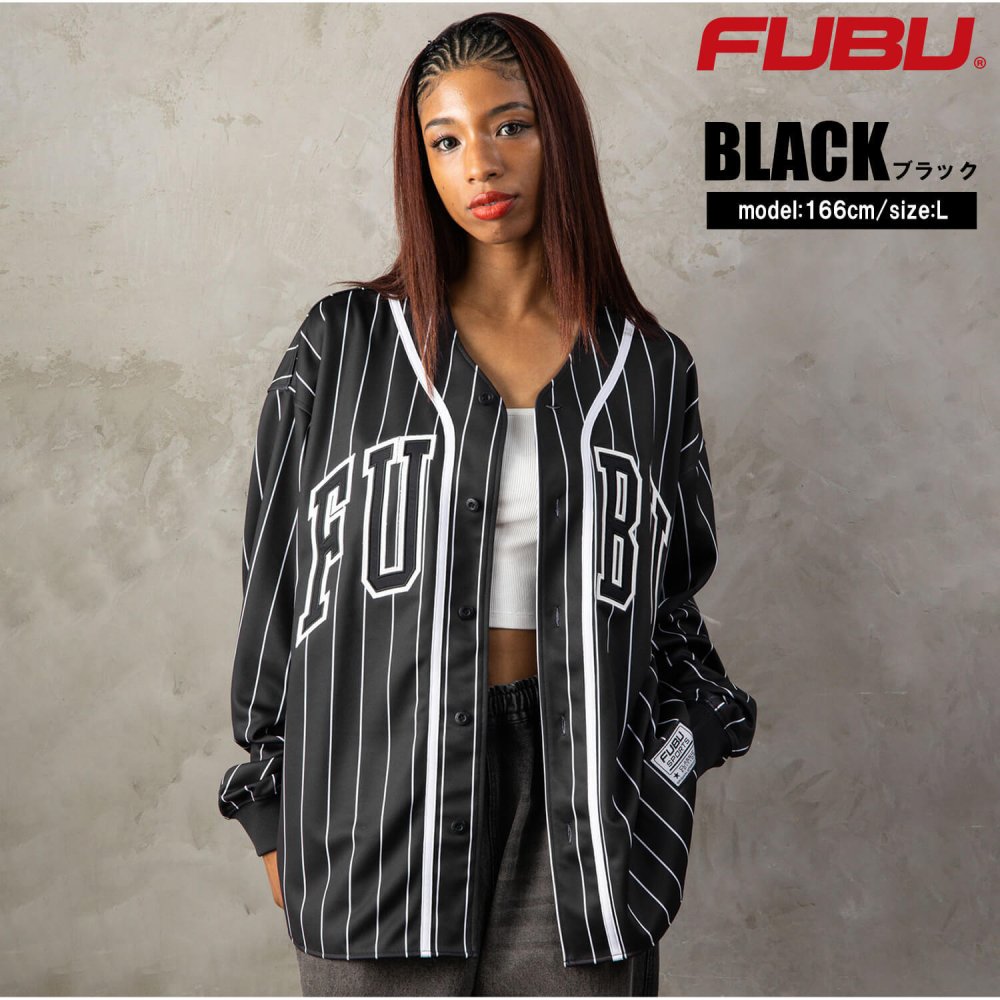 FUBU フブ ベースボールシャツ メンズ レディース fam-62714 長袖 ストライプ ユニフォーム ゲームシャツ アップリケ 刺繍 ロゴ オーバーサイズ ストリート ヒップホップ ダンス カジュアル トップス M L XL XXL 2026FW Karlas