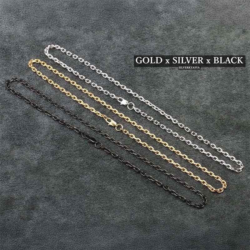 高品質ステンレス あずきチェーンネックレス 太角チェーン 小豆チェーン ゴールド シルバー ブラック 金 銀 黒 45cm 50cm 60cm 幅4mm