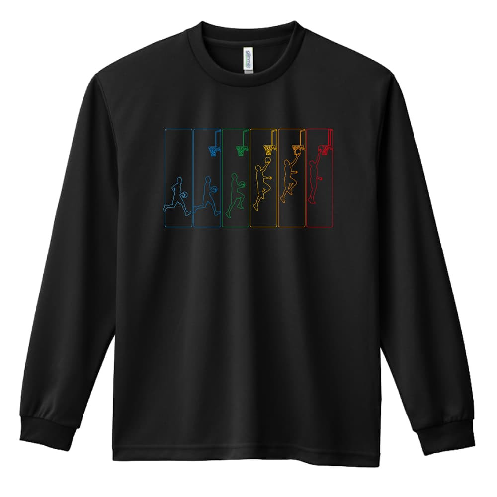 バスケ ロンT 長袖Tシャツ メンズ レディース ジュニア 練習着 ドライ おもしろ tシャツ ふざけ 名入れ おしゃれ キッズ 文字入れ無料 「レイアップ アニメーション」 アートワークスコウベ 【送料無料】