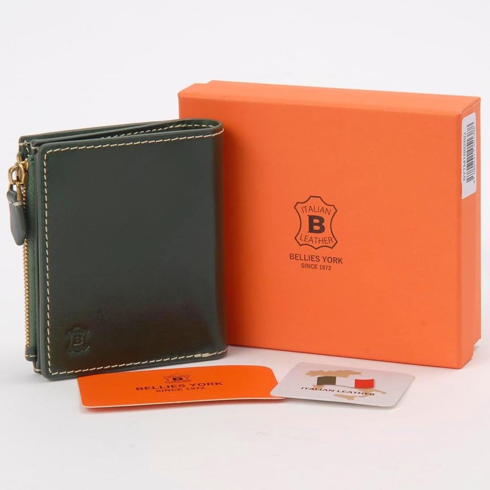 ベリーズヨーク　BELLIES YORK　コンパクト財布　二つ折り財布　BYTM1882GR　グリーン　緑色　ベジタブルタンニン　イタリアンレザー　牛革　”エイジングを楽しむ革小物”