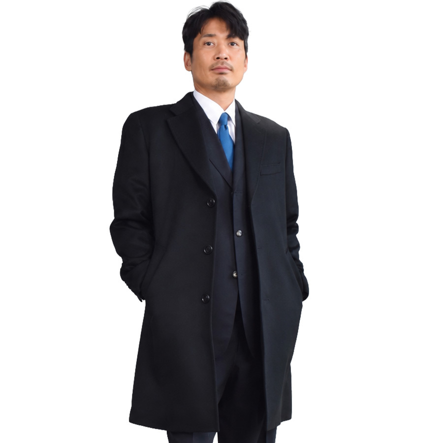 チェスターコート メンズ カシミヤブレンド ウール 混 ロング丈 ブラック 軽くて暖かい  男性用 冠婚葬祭 通勤 ビジネス フォーマル コート[Merfirge] (mca3121)