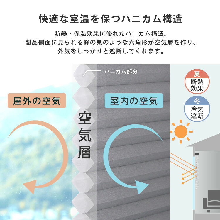 ハニカムシェード つっぱり 突っ張り ハニカムスクリーン 上下開閉 遮 フリーカット 賃貸OK 断熱スクリーン 取付簡単 遮熱 断熱 洋室 和室 西日対策 寒さ対策 仕間切り 45×110cm 採光タイプ
