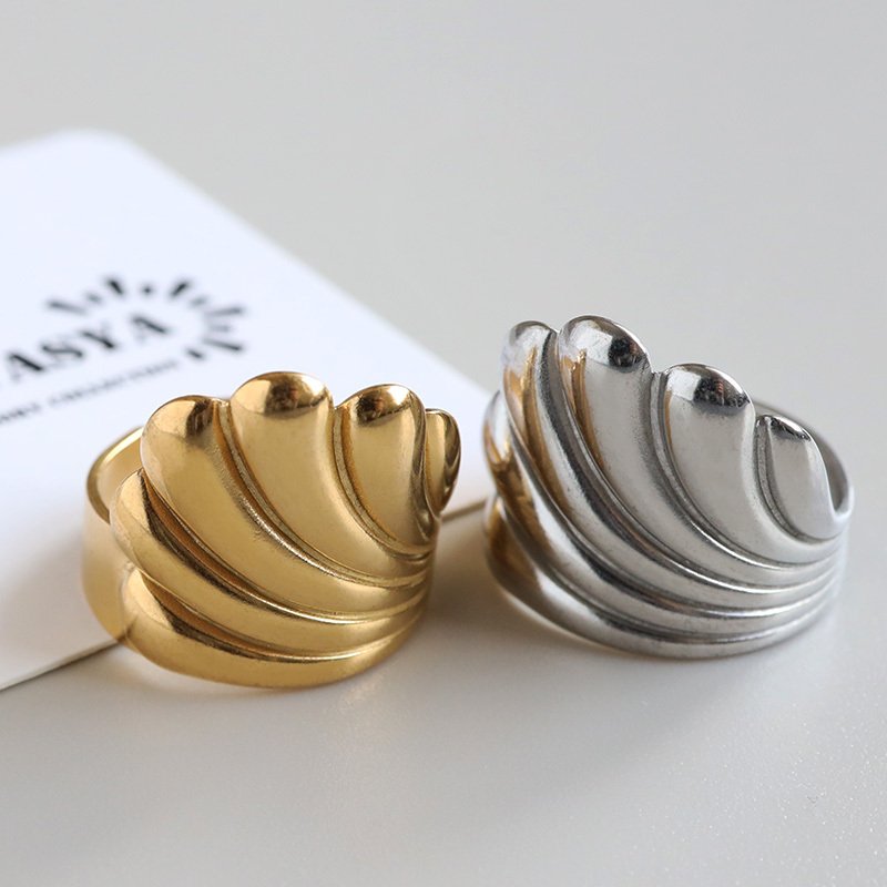 ステンレス ぷっくり シェルリング 個性的 ワイドリング ゴールド 18K GP シルバー フリーサイズ レディース 女性 指輪 金属アレルギー対応