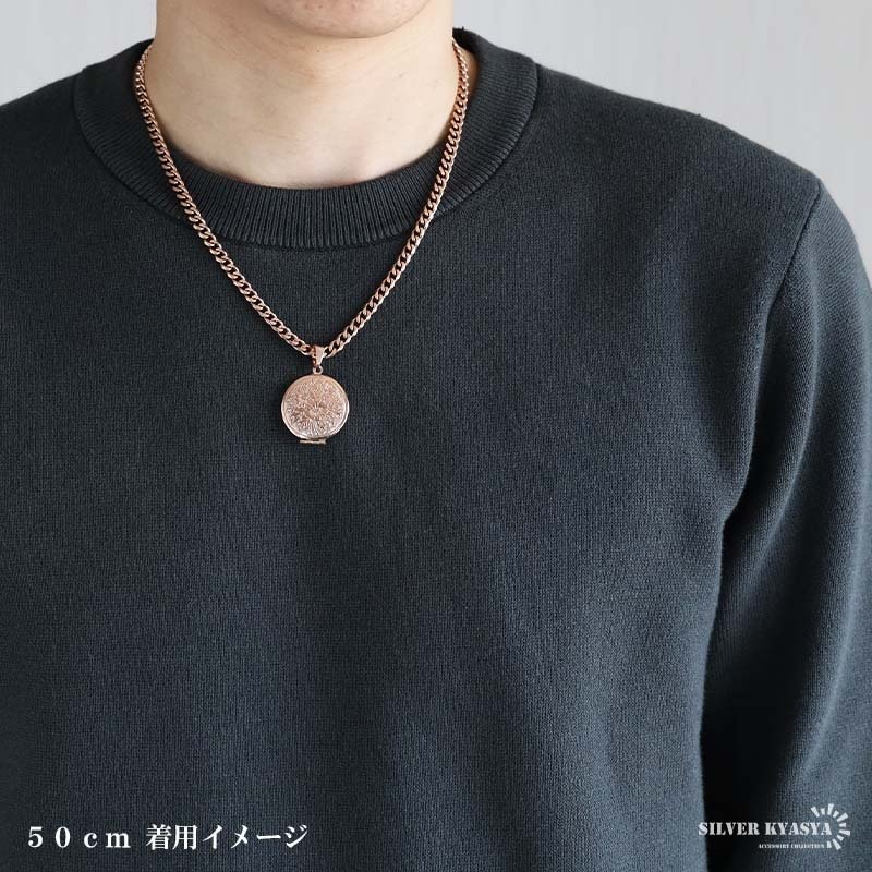 ステンレス ロケットネックレス HIPHOP 喜平チェーンネックレス ロケットペンダント フラワーネックレス 写真 記念 思い出 ハワイアンネックレス 50cm 60cm ピンク 花 6面カット メンズ 男性 金属アレルギー対応