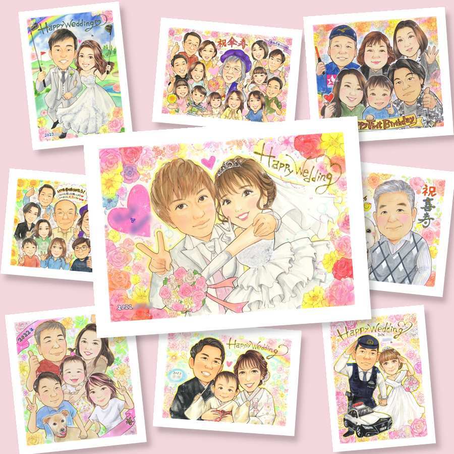 結婚式のギフトに、似顔絵を見るたびその日の気持ちがよみがえります。ラッピング対応で、贈り物として渡しやすい似顔絵です。 似顔絵 贈り物 ウェルカムボード プレゼント 手描き ギフト 名入れ 結婚式 ウェディング ブライダル 記念 婚礼 両親 カップル 新郎 新婦 名入れ 下書き確認 修正無料 親孝行 喜ばれる かわいい 実績多数 ウェディング 結婚式 一生もの 思い出 傘寿祝い 卒寿祝い 応援