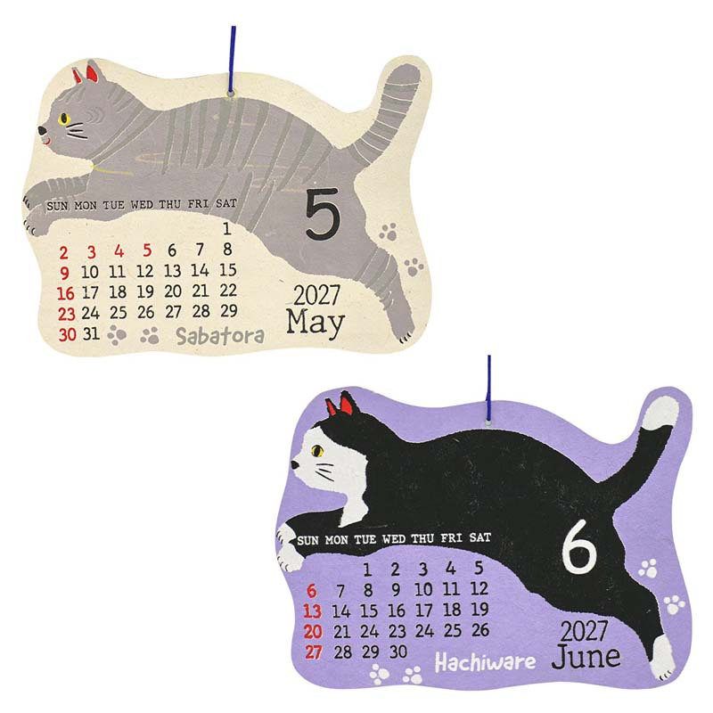 2027年 カレンダー 猫 壁掛け フライングキャット  シェイプカレンダー  にゃんこ 猫 壁掛け 年間 ポスター おしゃれ かわいい 壁 2027年  飾り 新作 令和9年暦 ねこ ロクタ紙 ネパール ハンドペイント 猫雑貨 キャット ミケ シロ クロ 手書き風