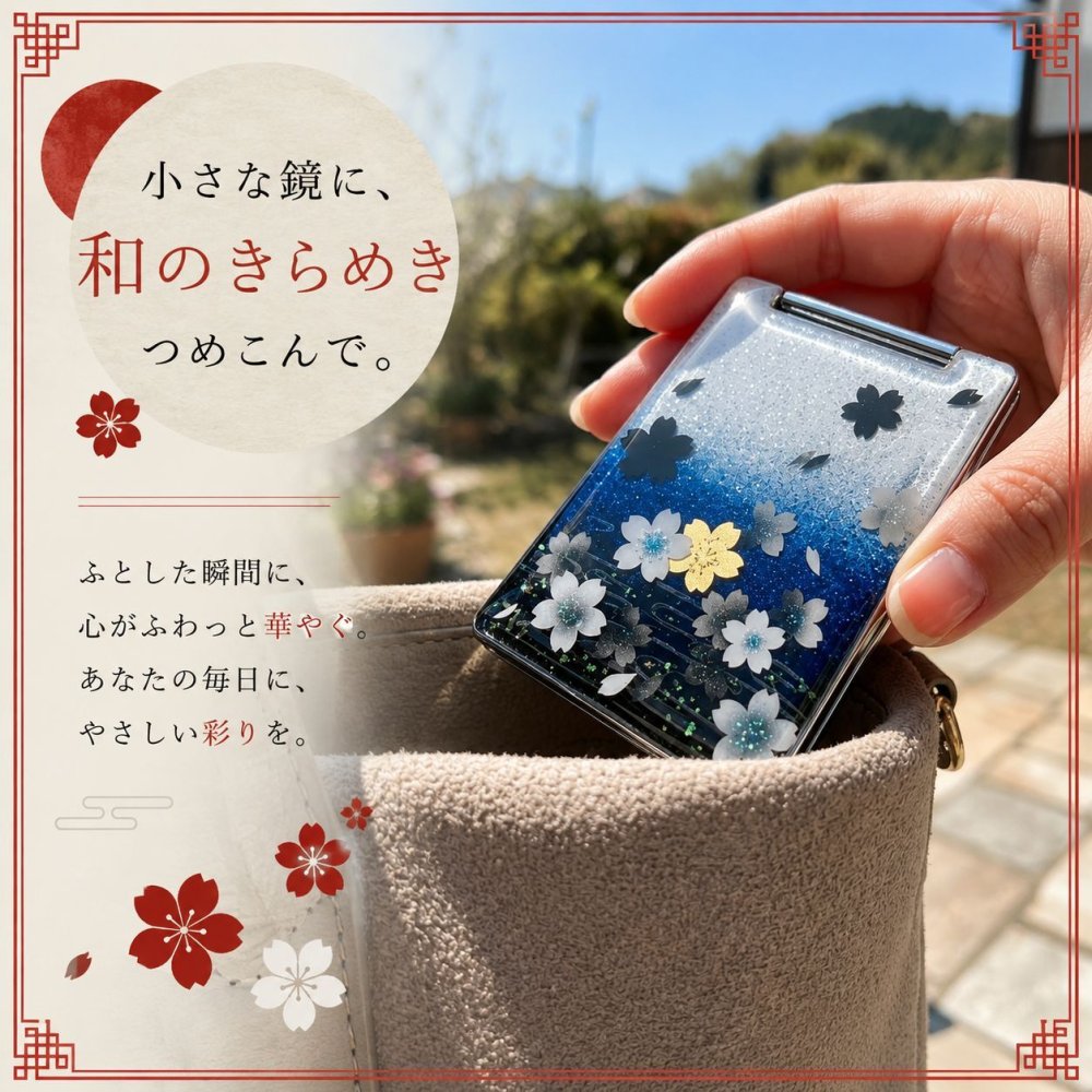 職人の手作り！和柄コンパクトミラー『塀』名入れ 送料無料 和柄 和モダン 和雑貨 和小物 手鏡 折りたたみ 桜 伝統工芸 職人 手作り ハンドメイド 記念日 プレゼント ギフト