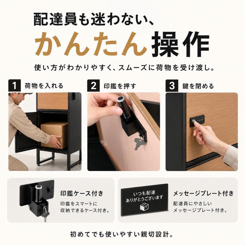 宅配ボックス ポスト一体型 2段 複数受取 3ボックス スリム 幅45cm 大容量 一戸建て用 置き型 宅配ポスト 郵便受け ダイヤル錠 鍵付き 印鑑ケース メッセージプレート 通気口 アジャスター ブラック 木目 おしゃれ