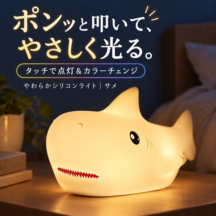 シリコンライト 授乳ライト ナイトライト サメ LED 7色 カラーライト 呼吸ランプ ナイトランプ ベッドサイド テーブルライト ルームランプ タッチ 電池式 コードレス 子供部屋 寝室 ギフト プレゼント 出産祝い ベビー アニマル 動物 かわいい 