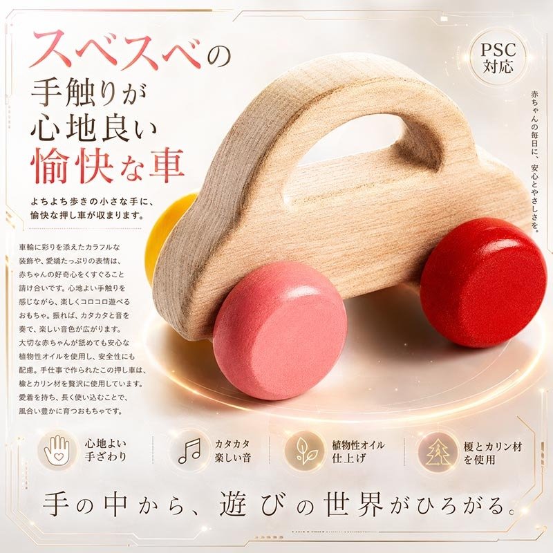 [日本製安心おもちゃ]　押しくるま [押し車 木のおもちゃ 車 日本製 赤ちゃん おもちゃ 知育玩具 誕生祝い 6ヶ月 7ヶ月 8ヶ月 9ヶ月 10ヶ月 1歳 2歳 3歳 誕生日ギフト 出産祝い 男の子 女の子 木工職人手作り 親子 木育 家族 マッサージ ]