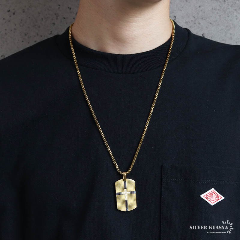 ステンレス ドッグタグネックレス ゴールド クロス メンズ ペンダント 十字架 ストーン プレート タグネックレス 男性用 アクセサリー 金色 バイカラー 格子柄 重厚感 存在感 カジュアル ストリート ヒップホップ 装飾