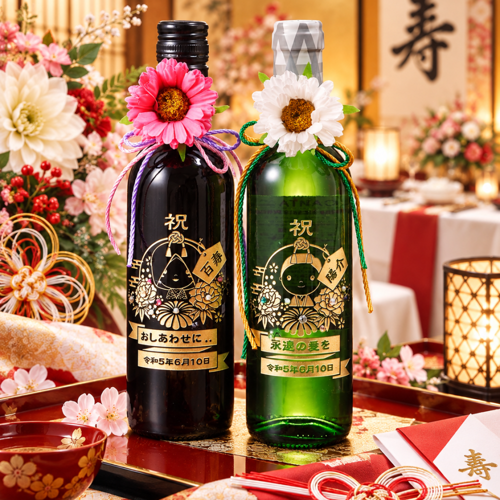 名入れ ウエディングギフト SXX 酒セット 結婚祝い 紅白 ウェディング 和装デザイン ワイン 赤 白 375ml 2点セット 紐リボン・コサージュ付 布張りBOX入り