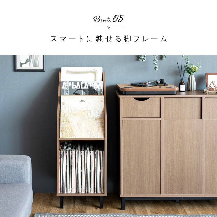 収納家具 ラック レコード ディスプレイ 本棚 おしゃれ ビンテージ モダン Calmato ヴィンテージ マガジン 斜めカットデザイン 木目柄 ブラウン 幅35.5 高さ100 ガラス板 LP 雑誌 絵本 写真集 収納棚