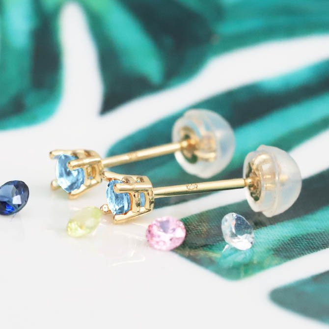 ハワイアンジュエリー ピアス 3月の誕生石 アクアマリン スタッドピアス イエロー ピンク ホワイト 選べる カラーストーン 片耳(1個)購入可 K14ゴールド 14K パーツ シリコンキャッチ BY THE SEA 20G ゲージ バイザシー プレゼント ハロウィン 【品番：GE107-3】