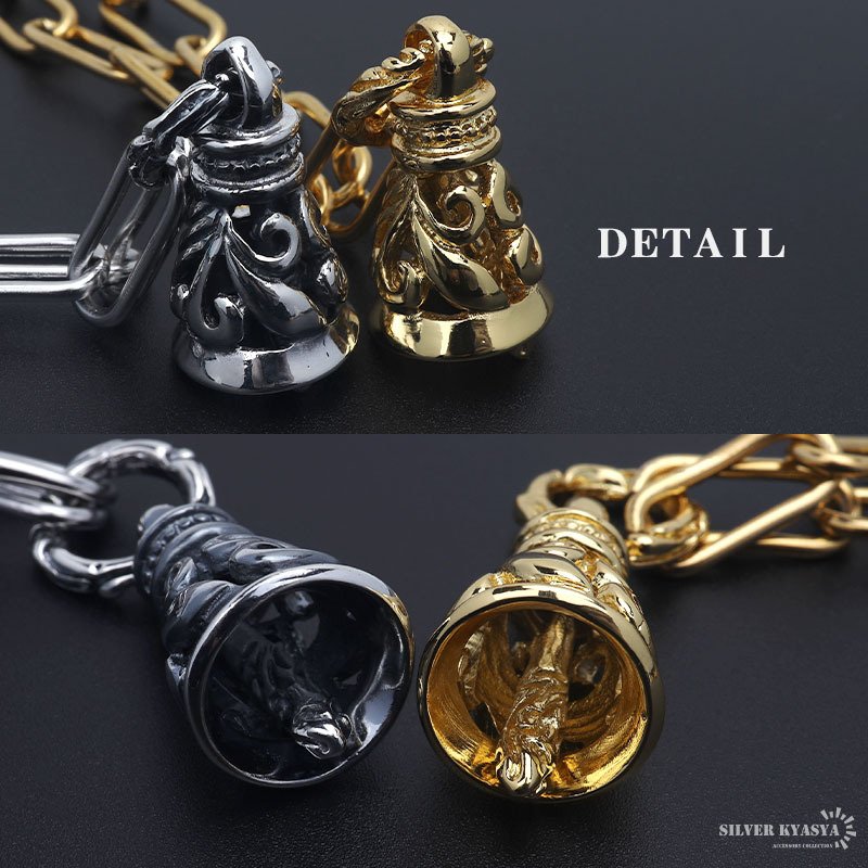 ステンレス ツインベルネックレス 唐草 クレーンベル ゴールド ベル ペンダント 18k gp アラベスク スクエアチェーン