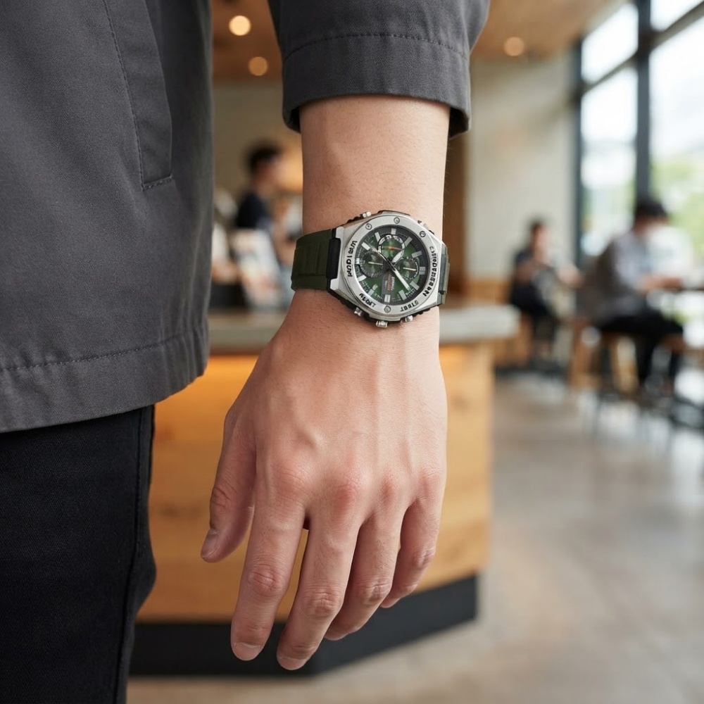 箱なし カシオ 腕時計 メンズ CASIO グリーン ブラック シルバー クロノグラフ 100m防水 カレンダー 大きめ 軽量 スポーツ 海外モデル 逆輸入 アウトドア 誕生日 プレゼント ギフト 成人 卒業 入学
