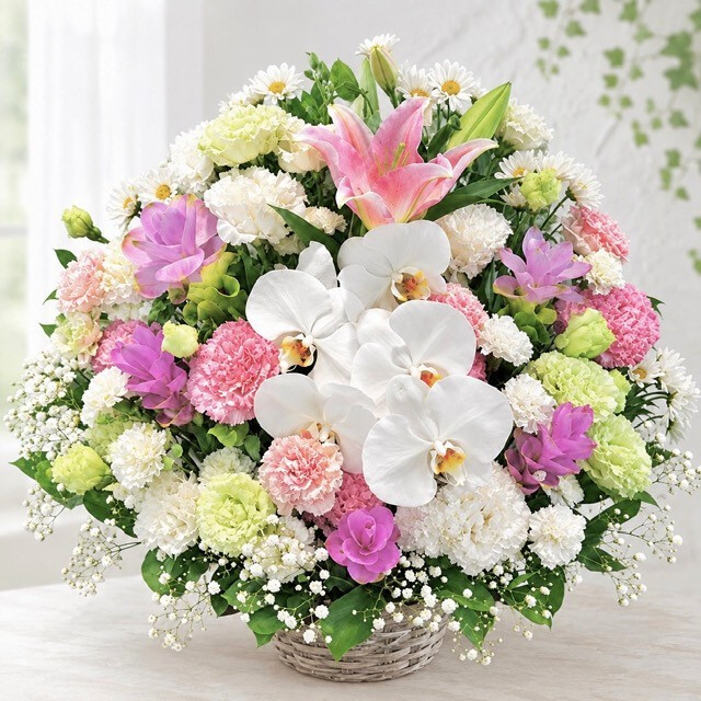 お供え花 お悔やみ 生花アレンジメント LLサイズ 高さ約50cm フラワーアレンジメント 供花 仏花 命日 お盆 お彼岸 法事 四十九日 一周忌 三回忌 枕花 送料無料【北海道・沖縄・九州・四国・中国・離島は配送不可】