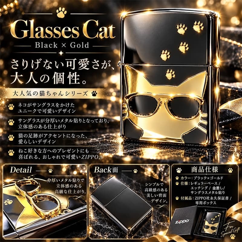 ZIPPO 猫 ライター サングラス 可愛い ジッポ ネコ ユニーク 足跡 ブラックニッケル キャット メタル貼り かわいい ねこ 金差し ゴールド レディース ギフト メンズ 女性 プレゼント