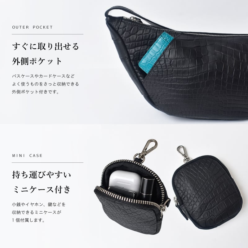 ボディバッグ クロコダイル メンズ 腹革 センター取り ワニ革 ショルダーバッグ スリングバッグ 斜め掛けバッグ マットブラック 牛革 本革 本物 大容量 ポーチ付き 長財布入る プレゼント ギフト 送料無料