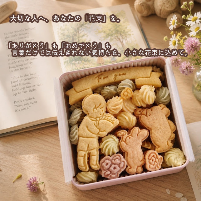 クッキー缶/きみと季節のとなりに「花束」(クッキー クッキー缶 メッセージ 洋菓子 お菓子 スイーツ 焼き菓子 誕生日 記念日 お祝い 内祝い 結婚 出産 送別 入学 卒業 バースデー プレゼント ギフト 贈り物 手土産 かわいい 可愛い おしゃれ 動物 バレンタイン ホワイトデー 門出 くま うさぎ 詰め合わせ 退職 引っ越し 母の日 友達 孫 子供 女性 彼女 妻 母 娘 甥っ子 姪っ子) 