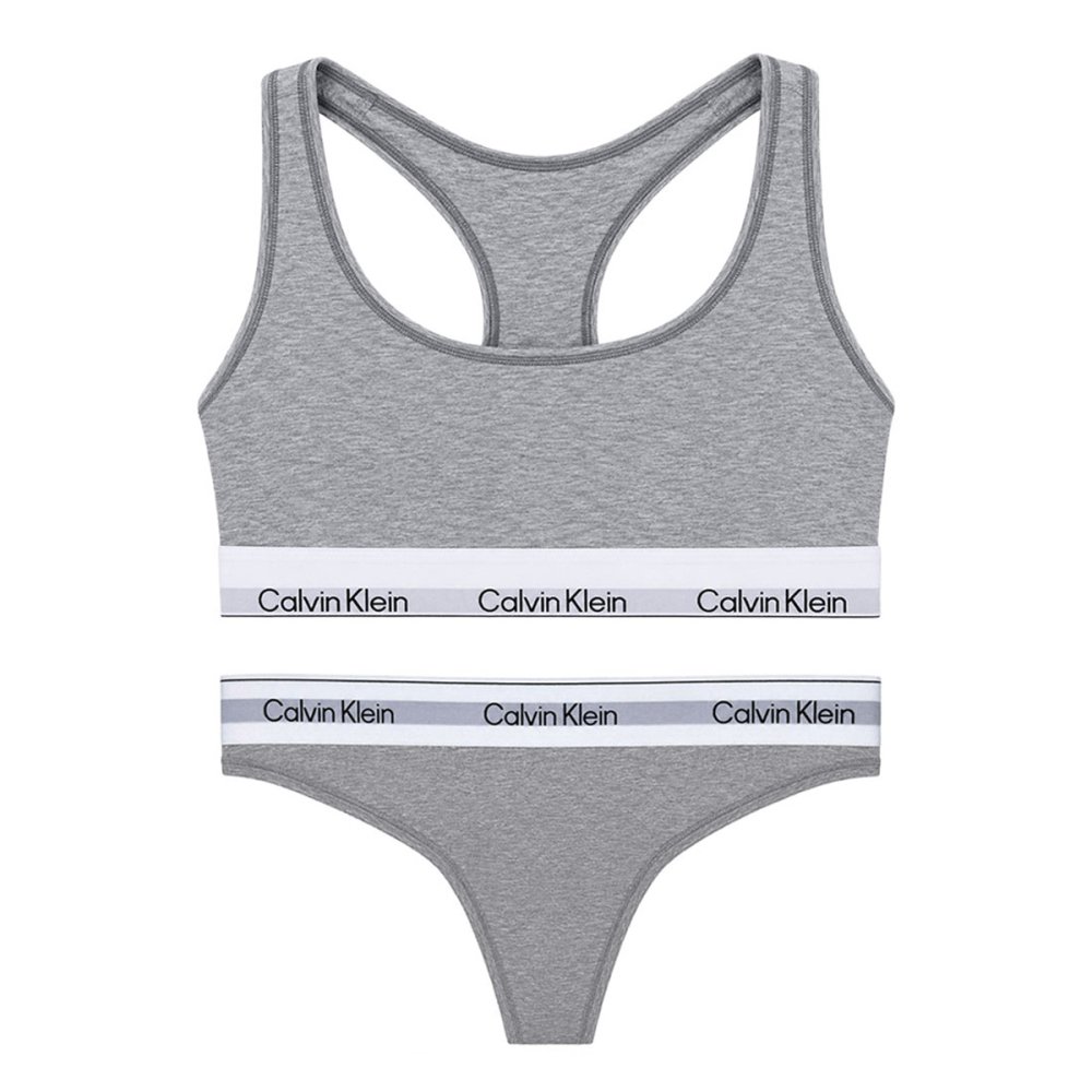 カルバンクライン Calvin Klein(CK) ブラ&ショーツ Tバック セット ロゴ 無地 ノンワイヤー アンダーウェア インナー 下着 QF8493+QF8518 レディース グレー